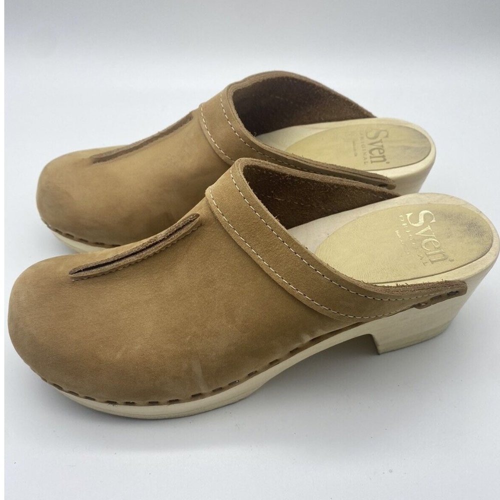 SVEN Size 37 Slip On Swedish Clogs Tan Leather Chunky Heel 6.5-7